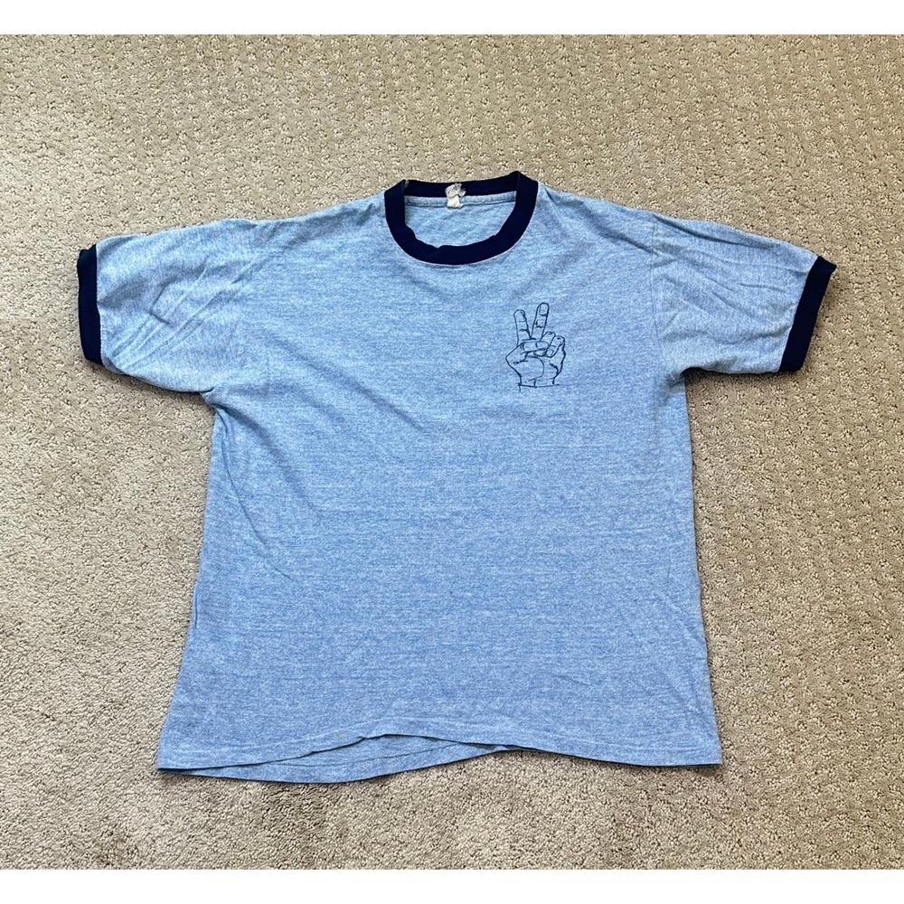 Vintage Velva Sheen T-Shirt Mens S/M Blue Peace Sign Ringer Hippie Tee 70s 80s